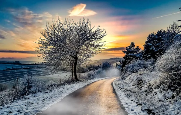 Winter, road, sunset