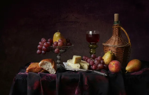 Style, background, wine, glass, cheese, bread, grapes, fruit