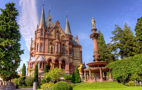 Picture the sky, the sun, trees, castle, HDR, Germany, sculpture, Dragon castle