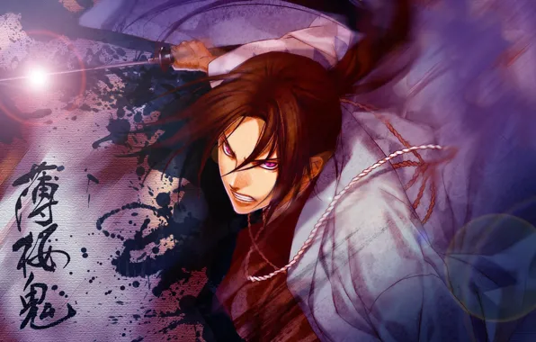 Attack, blood, katana, samurai, art, Demons pale cherry, Hakuouki Shinsengumi Kitano, Pilgrimage Chop Toshizou