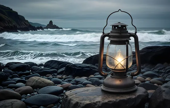 Picture sea, stones, shore, lantern