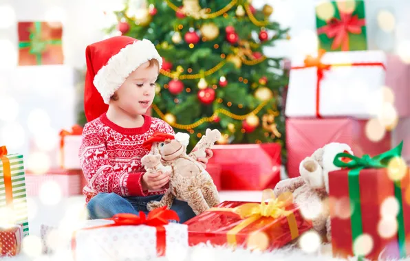 Hat, toys, tree, child, boy, gifts, New year, 2018