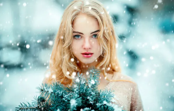 Picture look, snow, face, mood, blonde, spruce branches, Olga Boyko