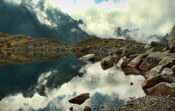 Clouds, mountains, fog, lake, reflection, stones, rocks
