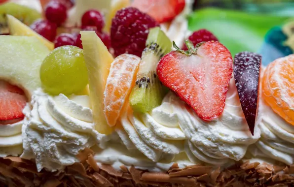 Macro, kiwi, strawberry, pie, cake, fruit, cream, tangerines