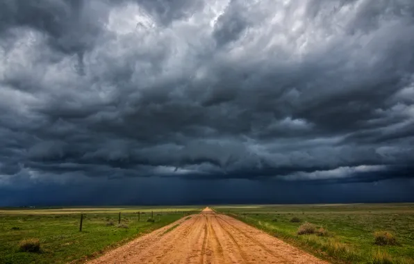 Road, field, the sky, landscape, clouds, nature, twilight, horizon