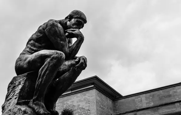 Black and white, male, sculpture, thinker