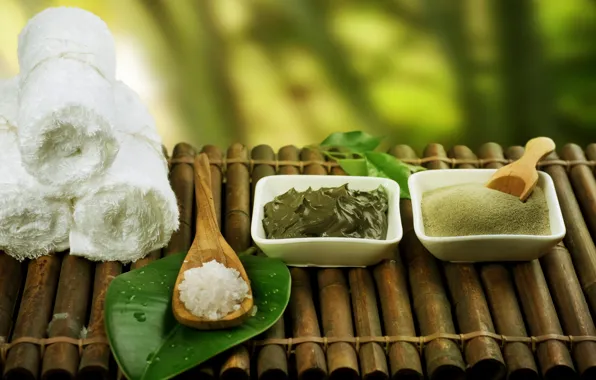 Picture towel, bamboo, spoon, leaf, Spa, sea salt