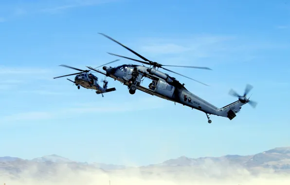 Mountains, desert, helicopter, machine gun, rescuers, blades, THE MH-60K, black hawk