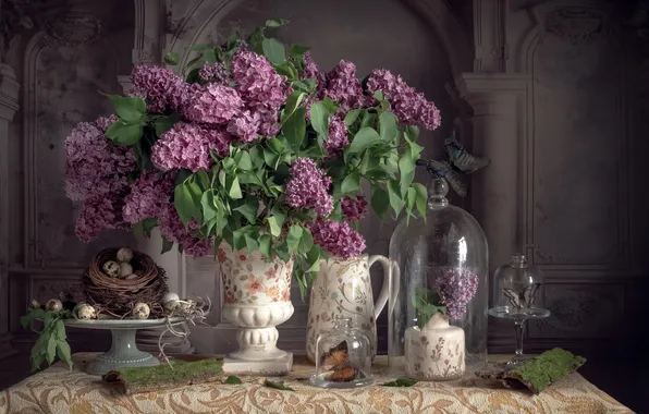 Style, eggs, bouquet, socket, vase, pitcher, still life, lilac