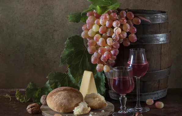 Leaves, wine, cheese, glasses, bread, grapes, nuts, still life