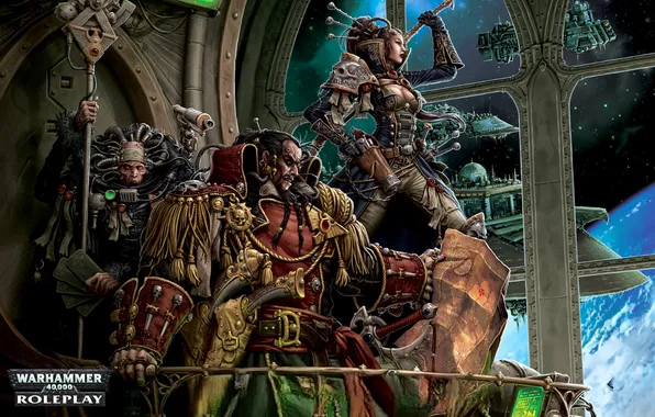 Space, planet, window, panorama, characters, spaceships, Warhammer 40 000