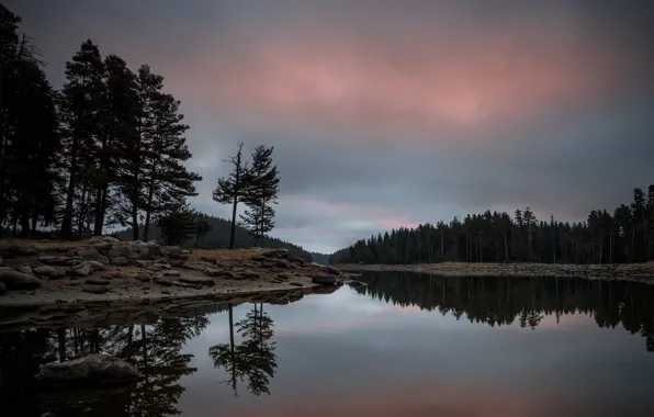 Trees, landscape, mountains, nature, lake, reflection, stones, dawn