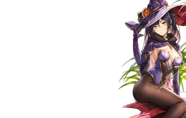 Picture girl, grass, sexy, hat, anime, purple, posing, Genshin Impact
