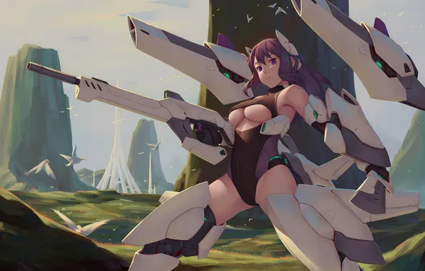 Guns, girl, sexy, cleavage, long hair, legs, boobs, anime