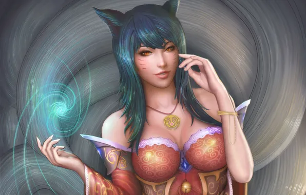 Chest, girl, art, Fox, ears, Fox, ahri, Nine-Tailed Fox