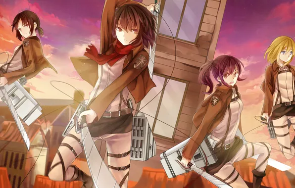 Look, the city, weapons, girls, blade, uniforms, anime, art