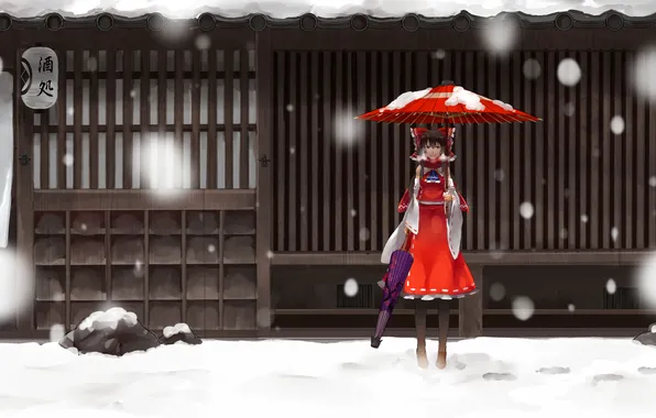 Winter, look, girl, snow, umbrellas, touhou, art, hakurei reimu