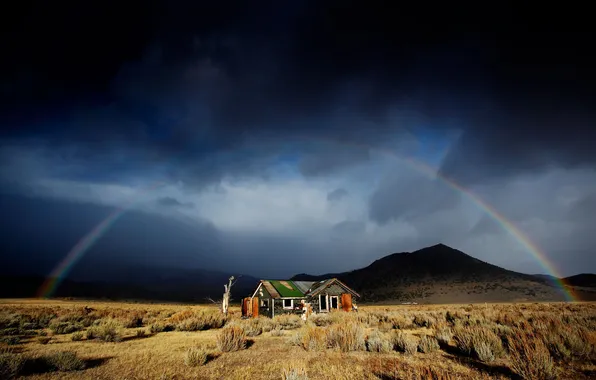Picture mountains, house, rainbow, valley