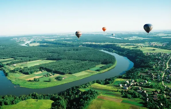 Picture flight, river, balloons, field, panorama, houses, forest, the view from the top