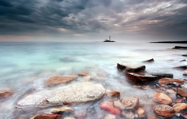 Sea, landscape, night, lighthouse