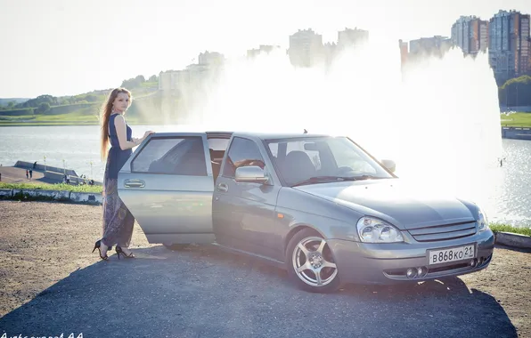 Machine, auto, girl, fountain, auto, LADA, Priora, VAZ