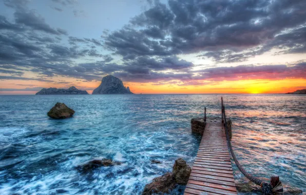 Sea, landscape, sunset, bridge