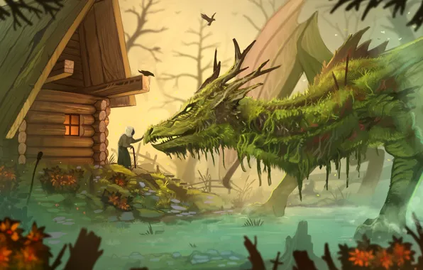 House, dragon, swamp, fantasy, old, by Yakovlev-vad