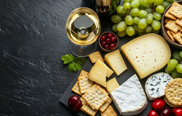 Wine, glass, cheese, cookies, fruit, grapes, pieces, bowl