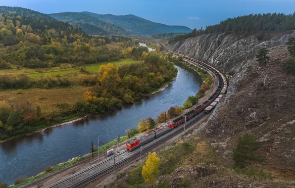 Forest, the sky, landscape, river, train, horizon, railroad, forest