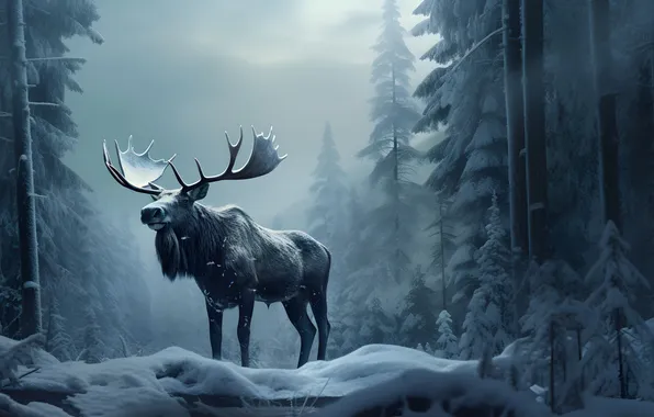 Winter, Trees, Snow, Horns, Digital art, Moose, AI art, The Art of Artificial Intelligence