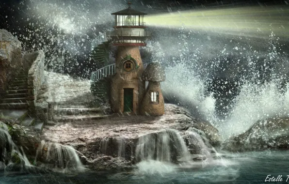 Sea, water, storm, mushrooms, lighthouse