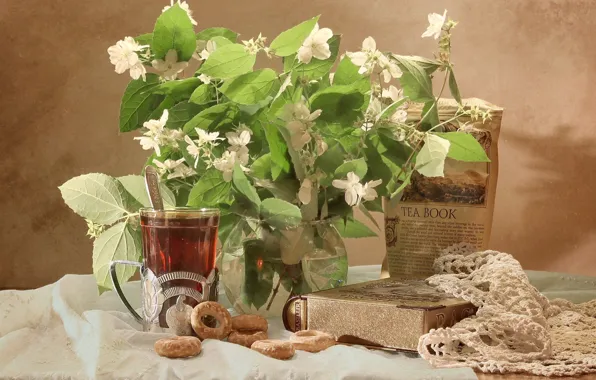 Flowers, tea, book, bagels, still life, Jasmine