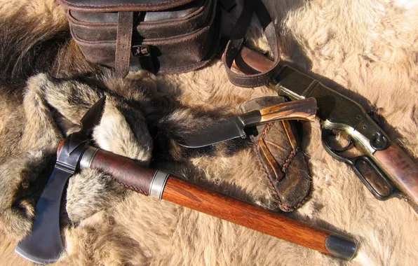 Picture knife, fur, axe, rifle, Tomahawk