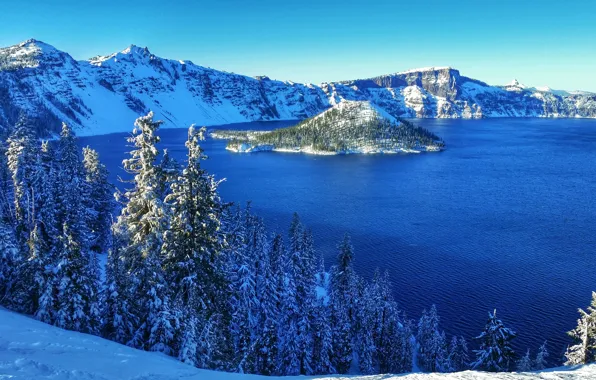 Winter, snow, trees, mountains, lake, USA, Sunny, island
