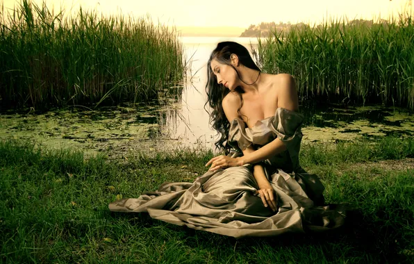 Girl, nature, old, lake, dress, beauty, the middle ages