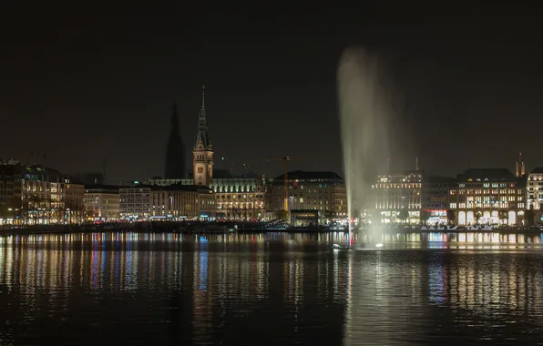 The sky, night, home, Germany, fountain, Hamburg, town hall, the Alster lake