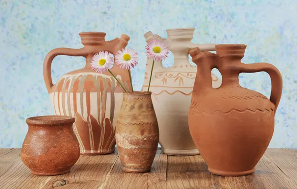 Flowers, table, pots, ceramics