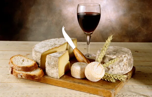 Wheat, wine, red, glass, cheese, bread, knife, ears