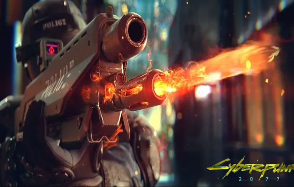 Weapons, fire, the game, police, helmet, cyberpunk, police, shoots