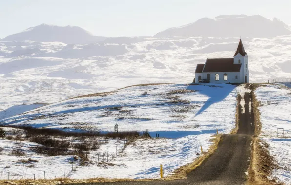 Road, snow, Church, Iceland, Iceland