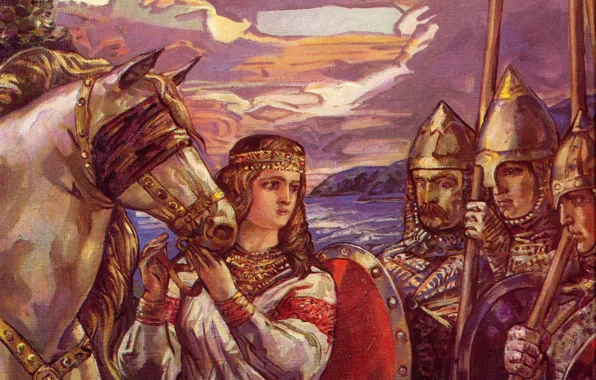 Picture woman, armor, shield, warriors, Klimenko Andrew, Horse of destiny