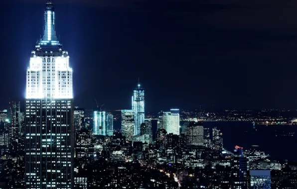 Picture night, city, lights, building, New York, New York, The Empire state building, Brooklyn