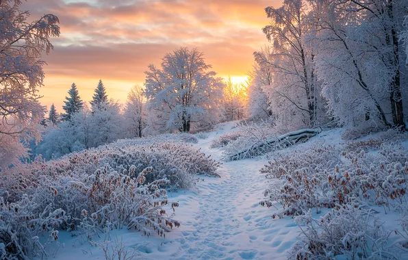 Winter, snow, sunset, Wallpaper, wallpaper, path, sunset, winter