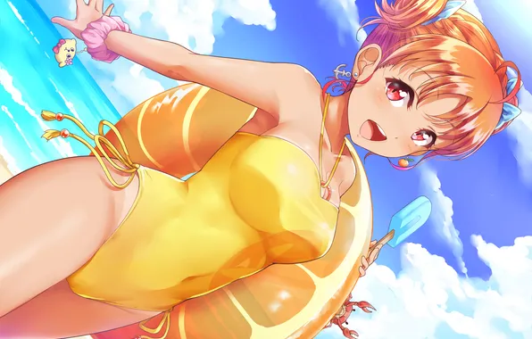 Girl, sexy, cleavage, beach, sea, boobs, anime, water