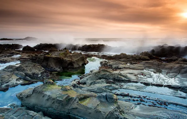 Sea, landscape, sunset, rocks