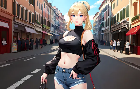 Picture blonde, belly, anime girls, denim, looking at viewer, hairbun, bare midriff, character design