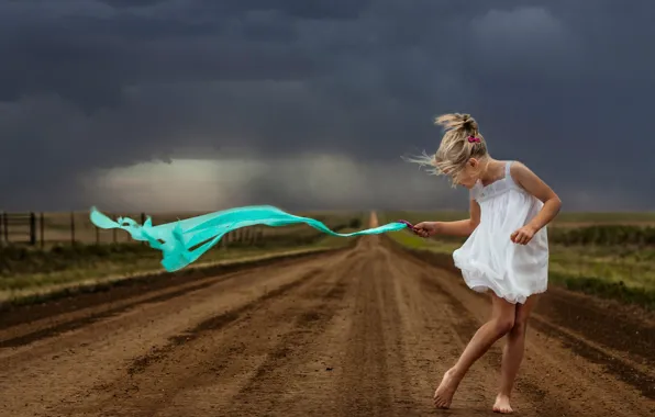 Road, clouds, storm, the wind, girl