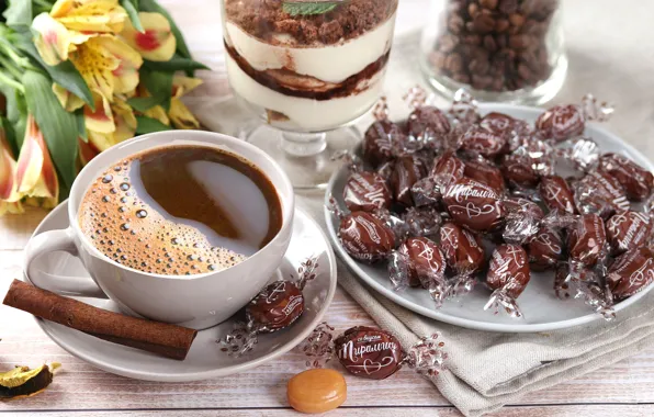Flowers, coffee, candy, Cup, caramel