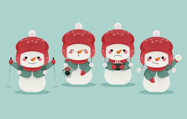 Emotions, graphics, Christmas, New year, snowmen, snowman, caps, green background
